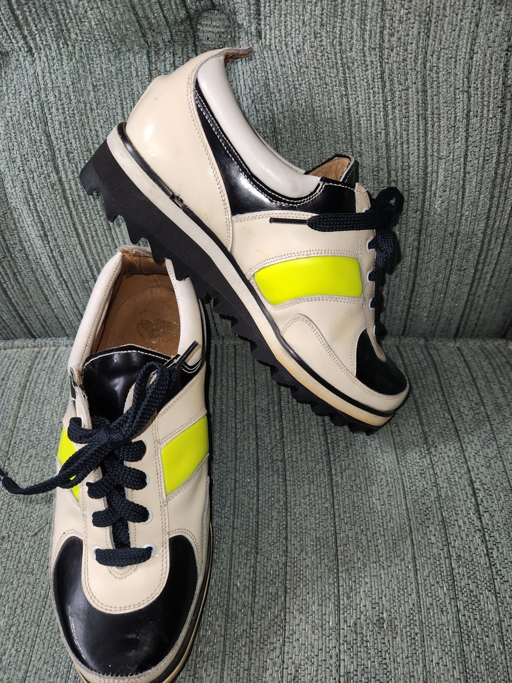 🍉John Fluevog Cream, Black & Neon Yellow Leather Lace-Up Sneakers